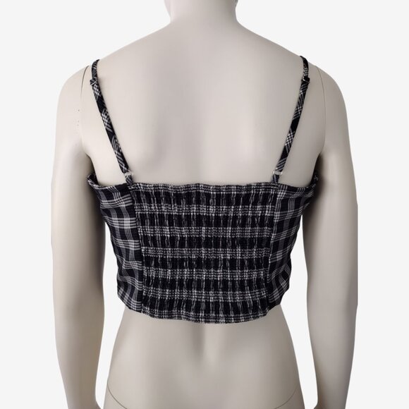 Forever 21 Black Blue Houndstooth Plaid Smocked Back Cropped Cami Top - Picture 6 of 11